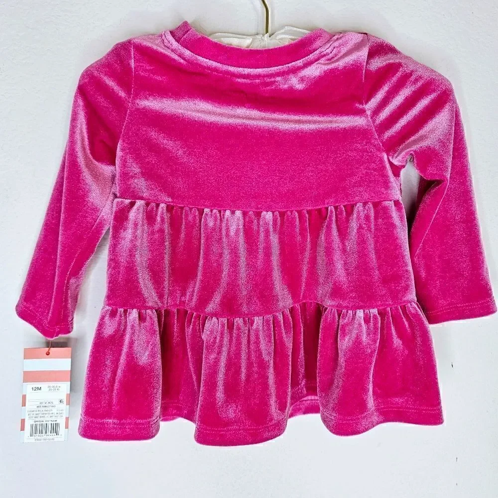 New! Cat & Eye Barbie Pink Velour Velvet Tiered Long Sleeve Baby Girl Dress 12M